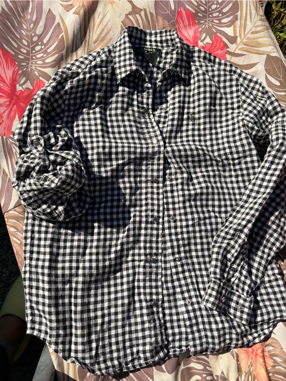 Ralph Lauren Black & White Gingham Casual Button-Down Shirt 100%Linen